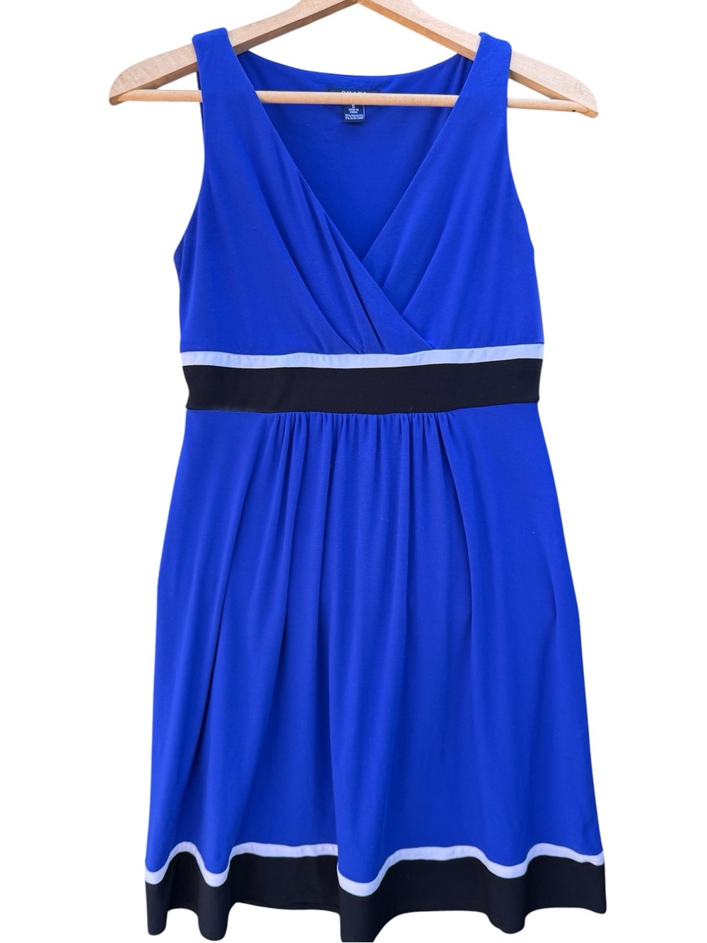 Chaps Womens Small Empire Waist V Neck Sleeveless Stretch Dress Blue Black